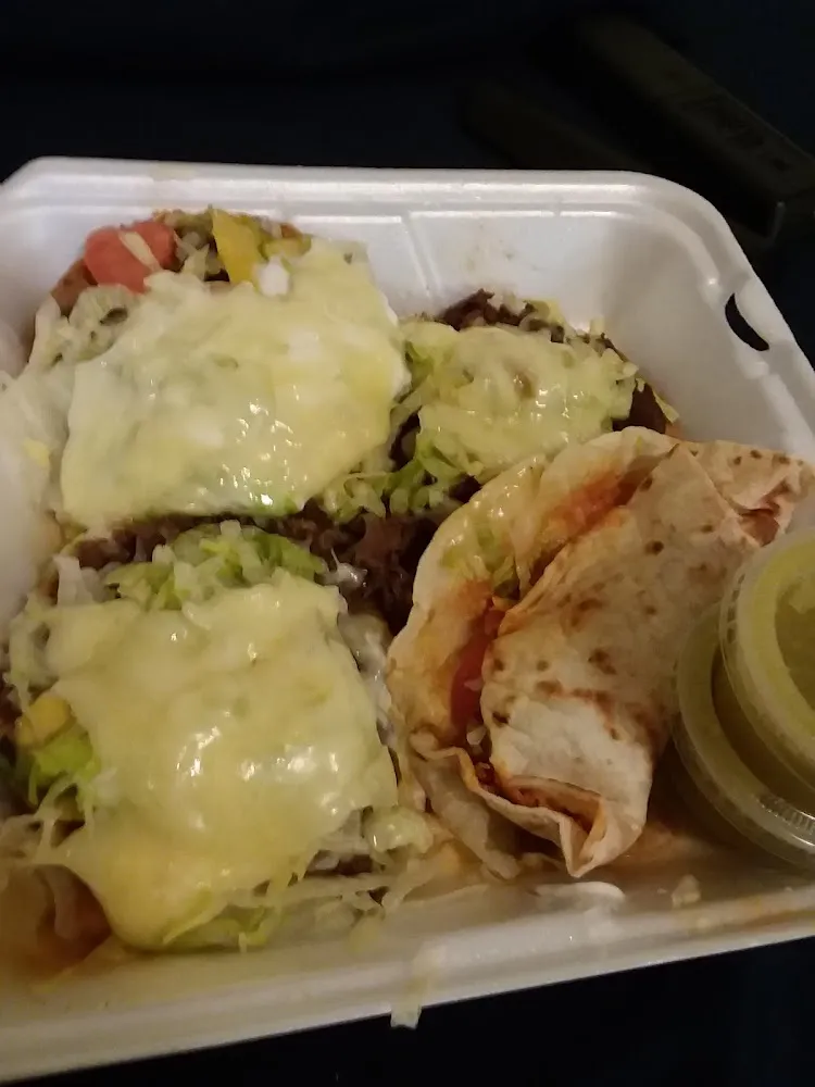 Steak Tostada Suiza with Chicken Tacos